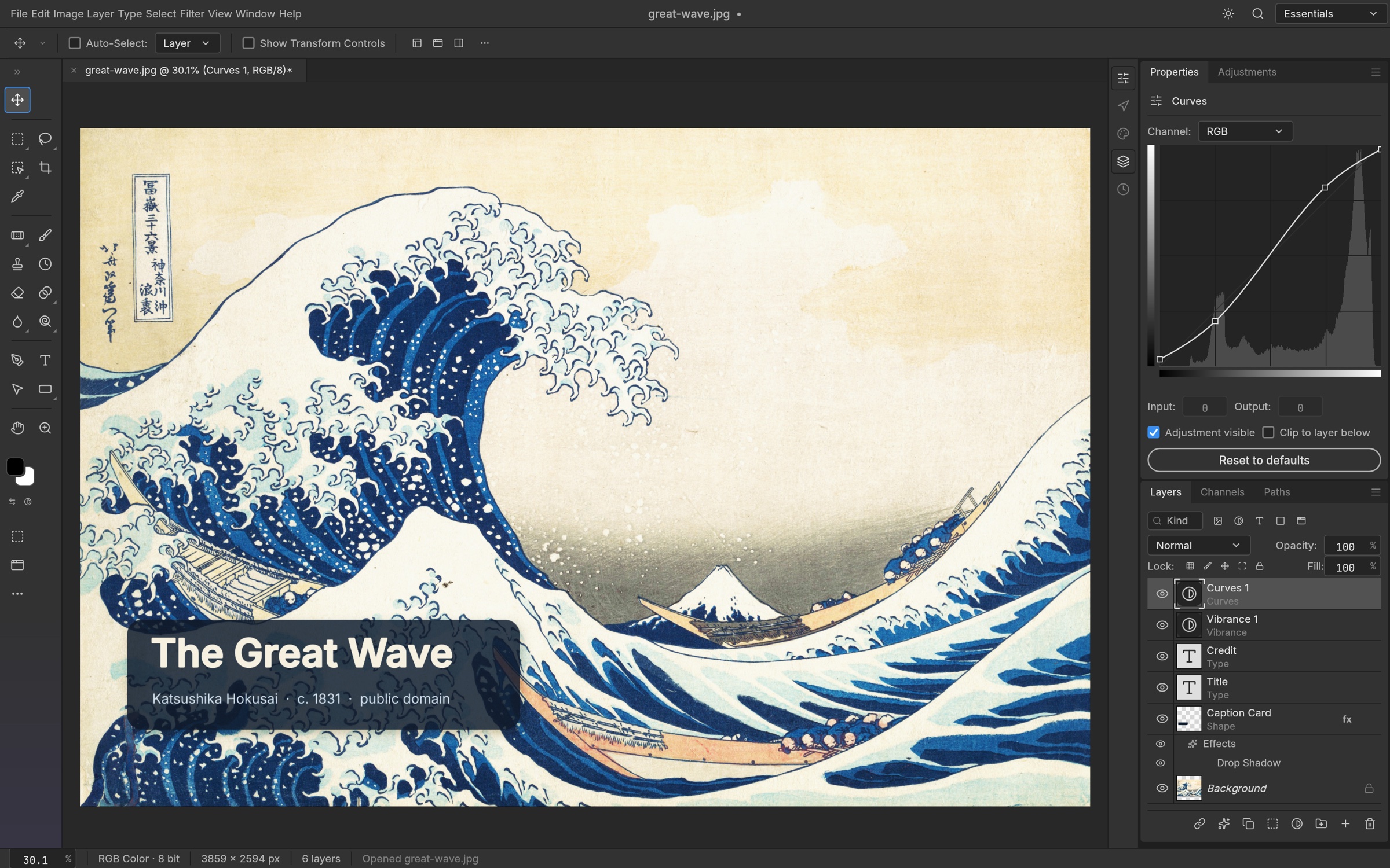 Official PhotoCraft interface editing Hokusai’s Great Wave with a Curves adjustment, editable text and a Layers panel.